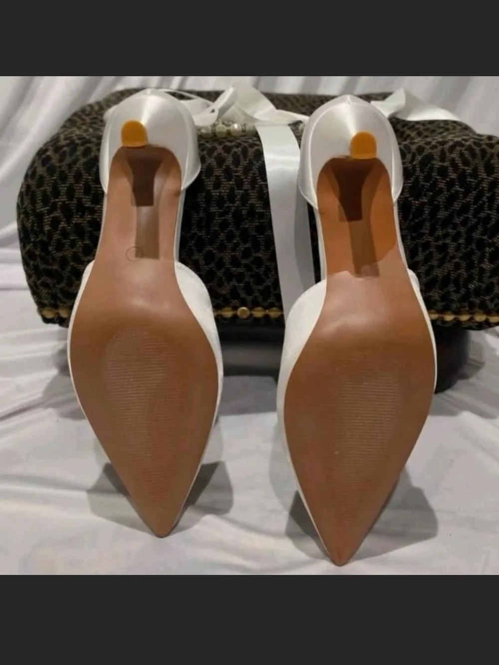 Elegant White Satin Pointed-Toe Heels with Pearl Ankle Strap